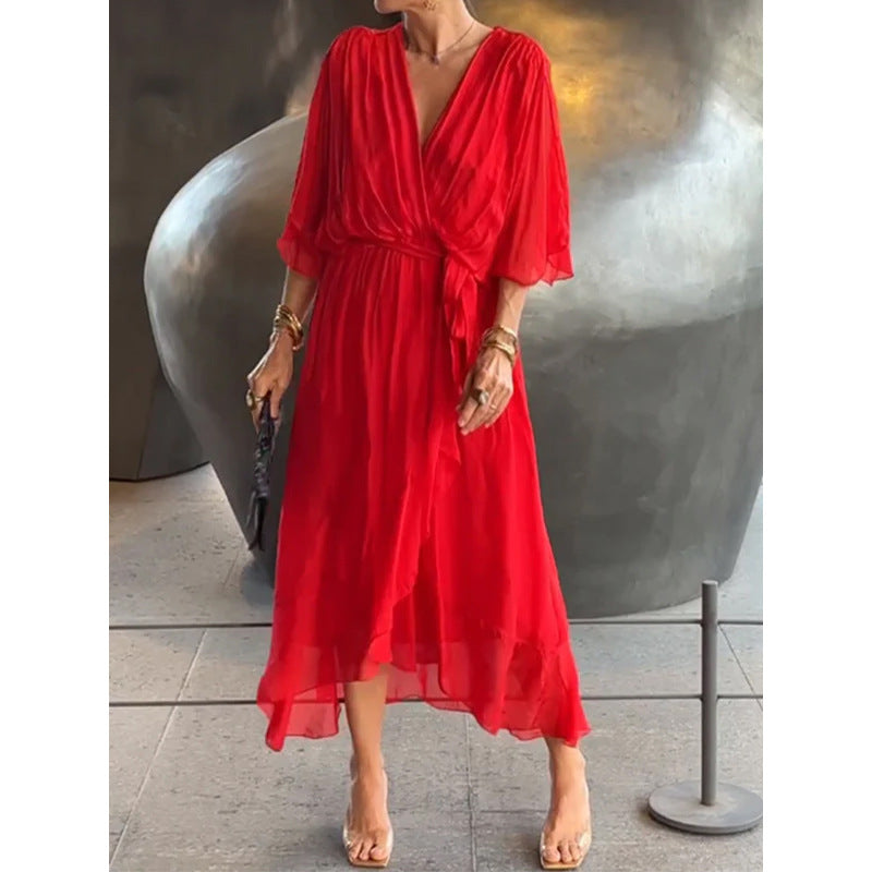 Solid Color Tied Maxi Dress Batwing Sleeve Irregular Asymmetric Dress