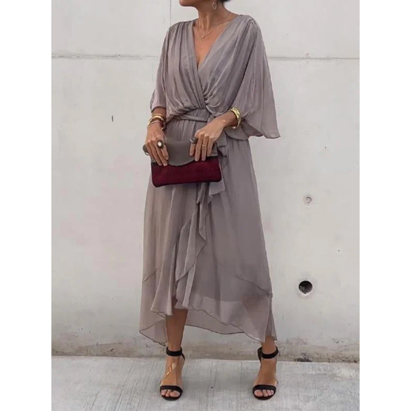 Solid Color Tied Maxi Dress Batwing Sleeve Irregular Asymmetric Dress