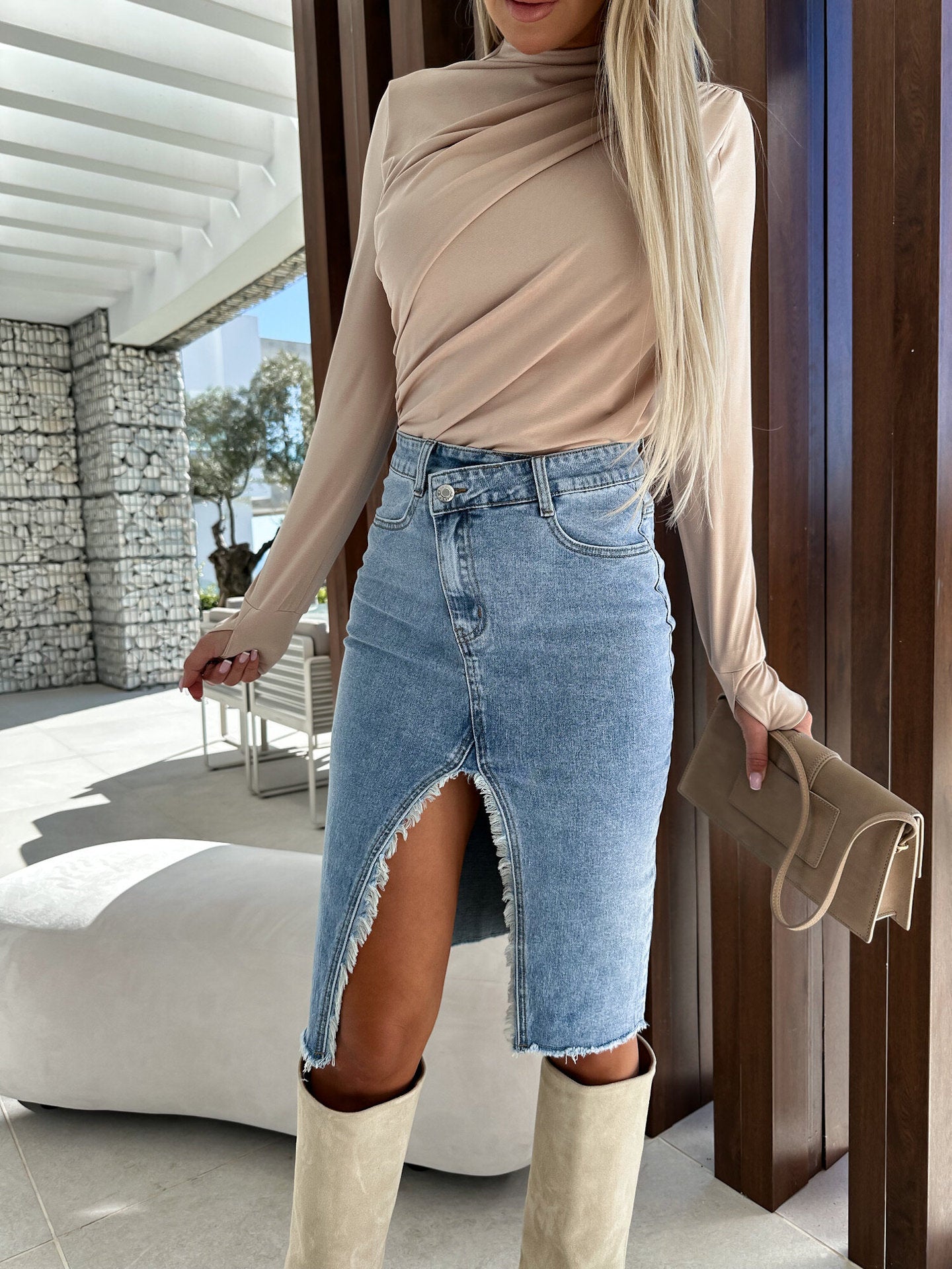 Sweet Slit Fashionable Casual Solid Color Denim Package Hip Skirt