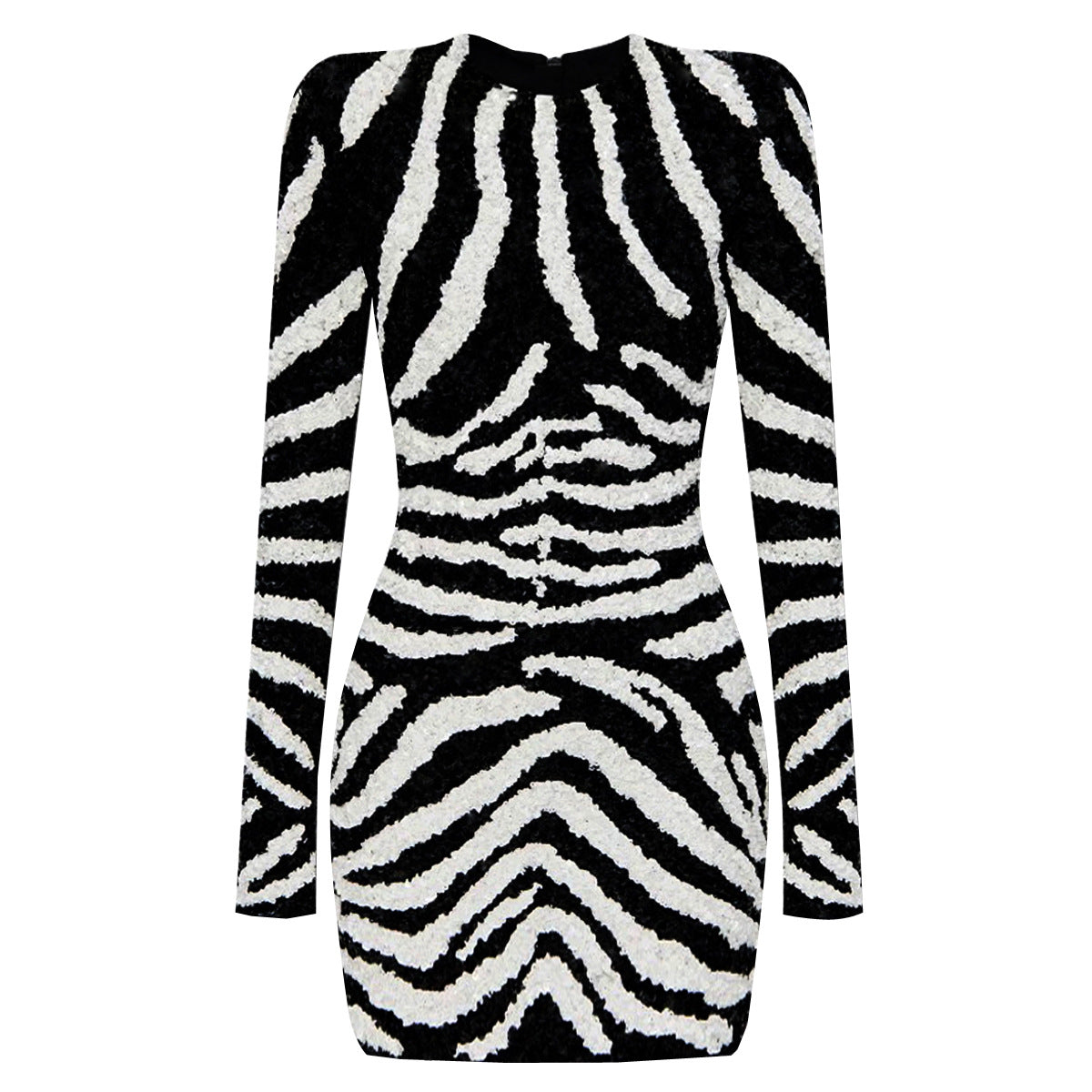 Round Neck Slim Slimming Rhinestone Zebra Knitted Dress