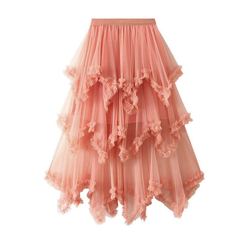 Wooden Ear Irregular Asymmetric Mesh Tiered Skirt