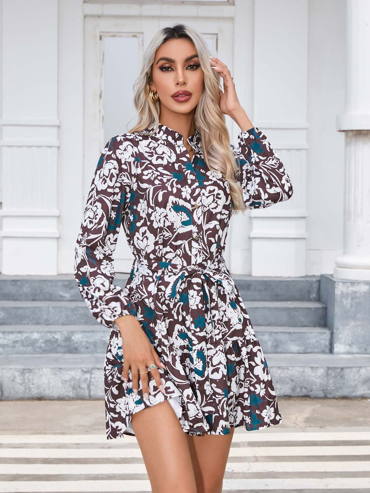 Printing Button Long Sleeve Dress