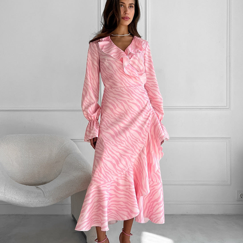 Pink Elegant Ruffled V Neck Flared Sleeves Lace Up Maxi Dress