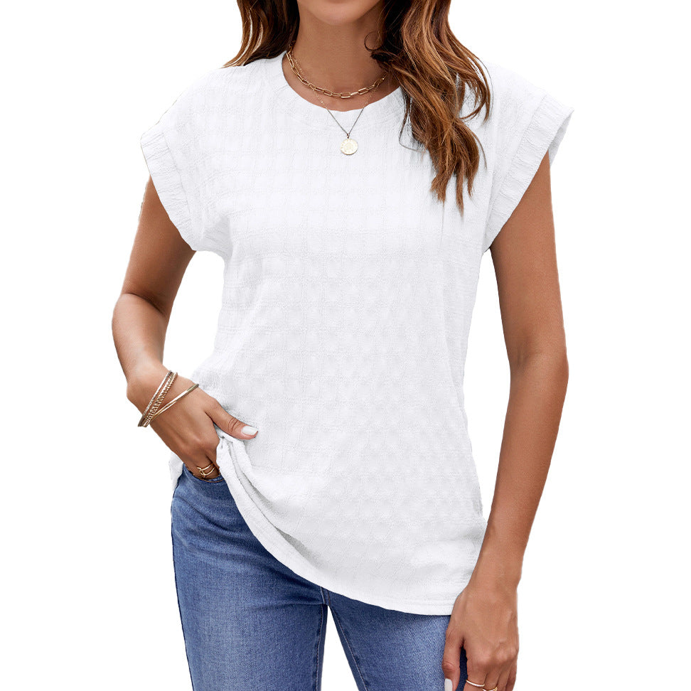 Jacquard Loose Fitting Round Neck Short Sleeve T Shirt Top