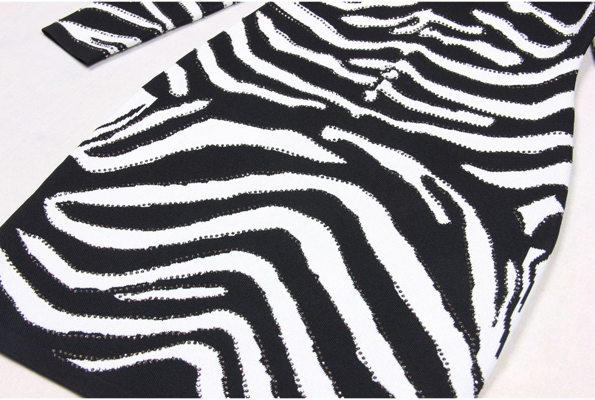 Round Neck Slim Slimming Rhinestone Zebra Knitted Dress