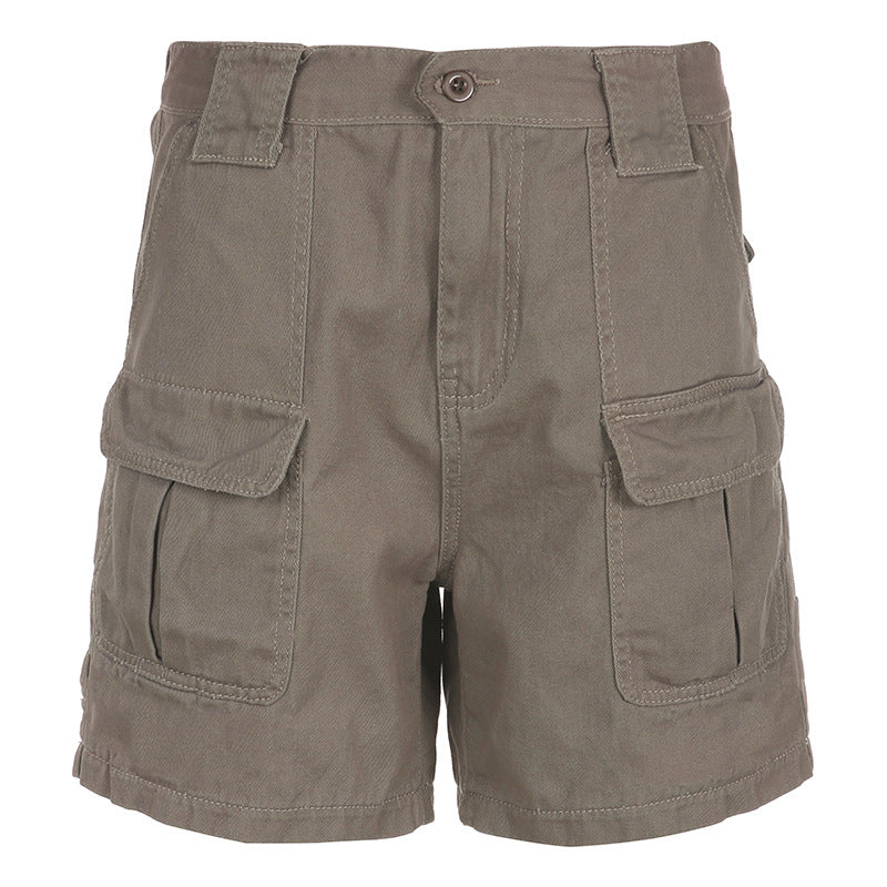 High Waist Slimming Solid Color Multi Pocket Workwear Denim Shorts