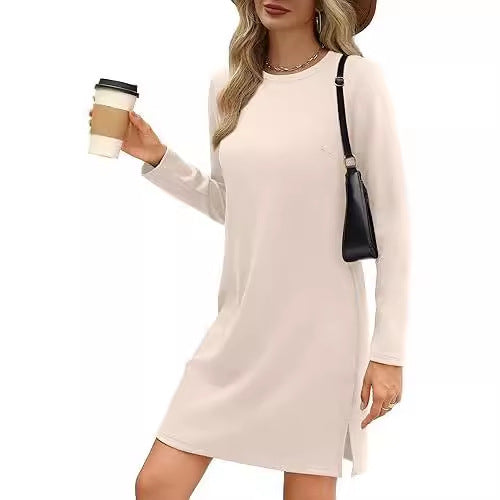 Round Neck Slit Hemline At Hem Sweater Long Sleeve Casual Dress