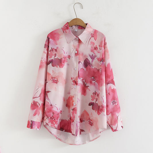 Bloemenprint los kraag shirt met lange mouwen