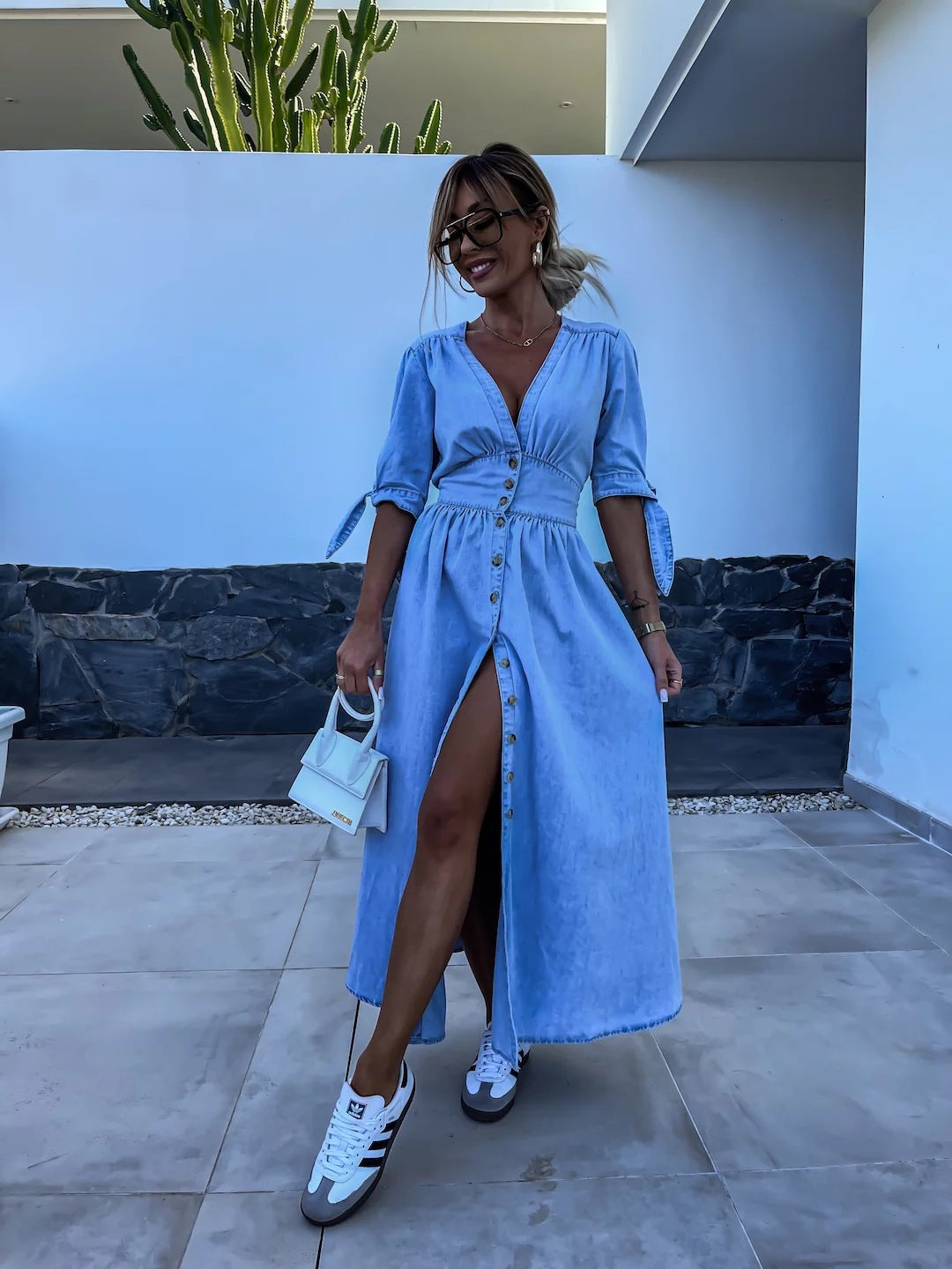 Sexy V Neck Long Button Denim Dress