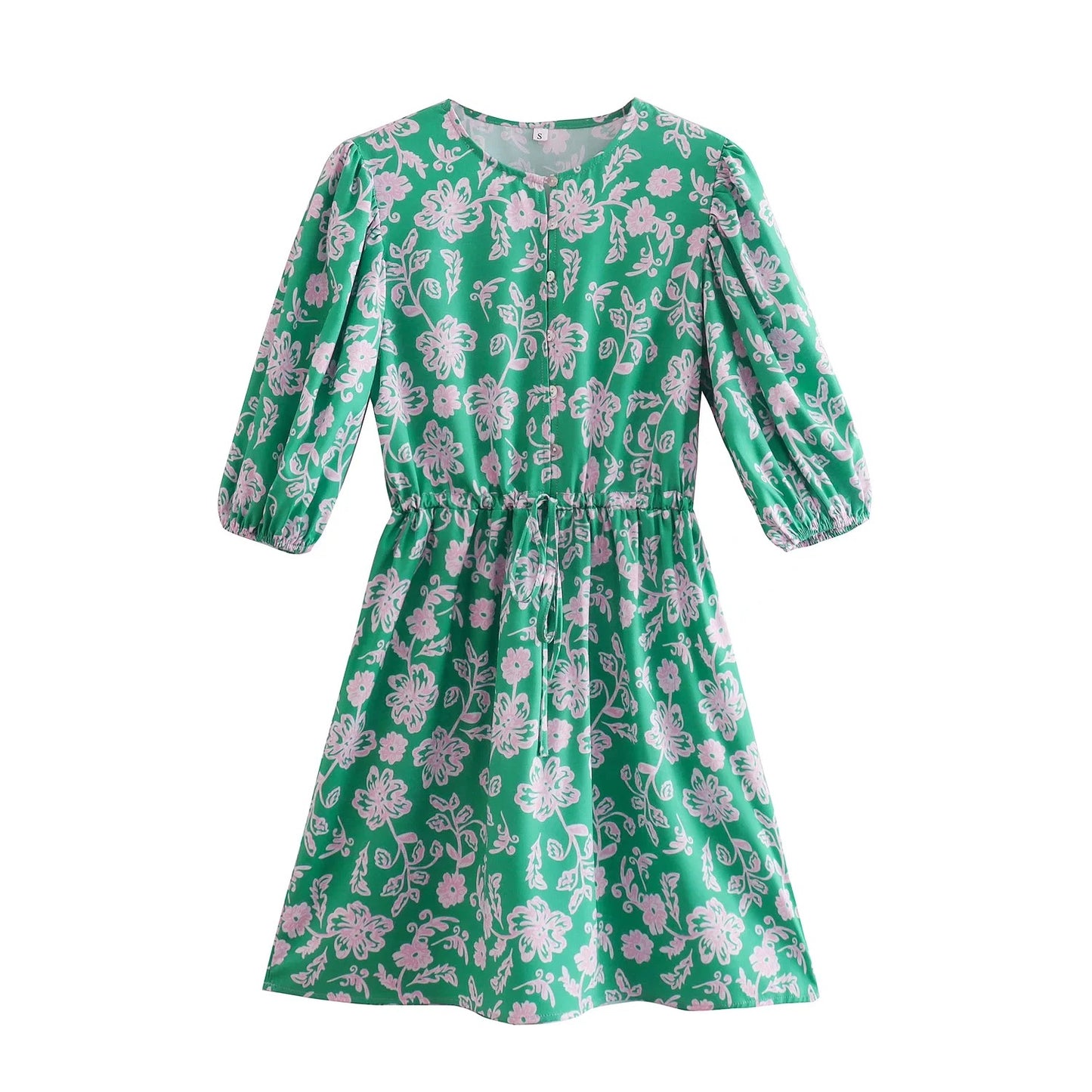 Slimming Sleeves round Neck Printed A-line Dress