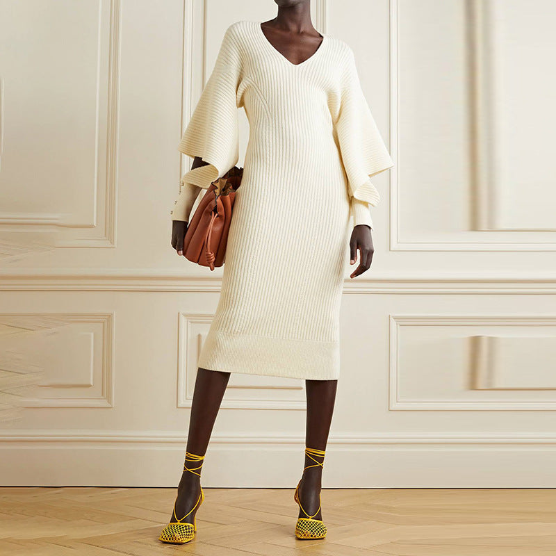 Vestido de malha de comprimento médio slim fit emagrecedor com senso de design