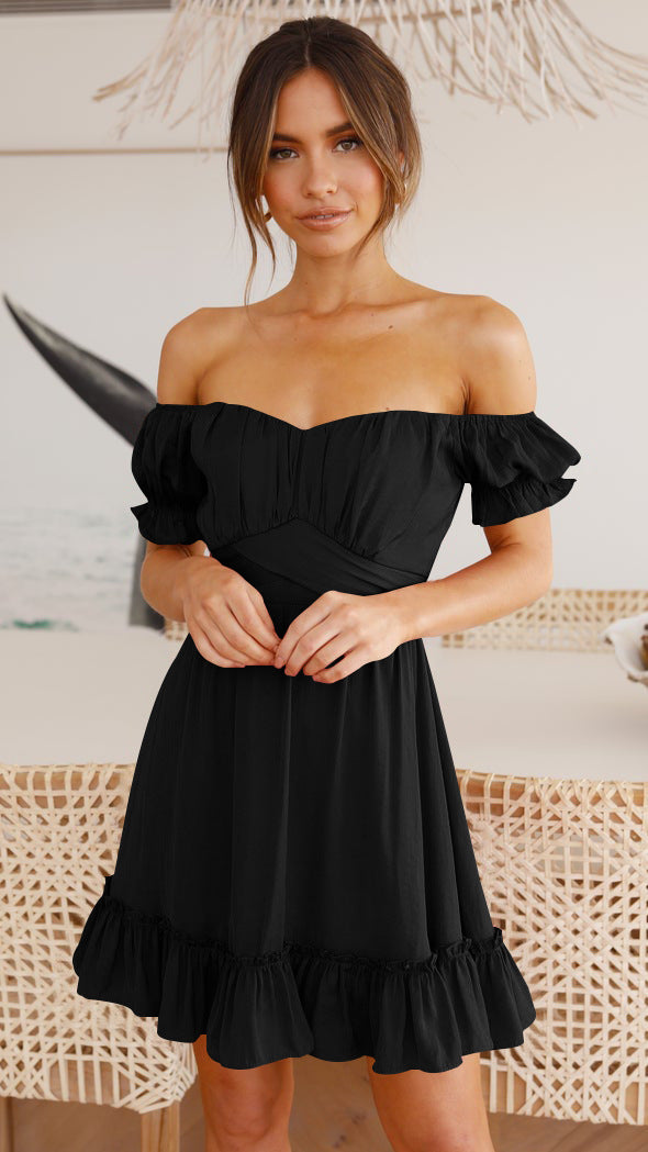 Plain Off Neck Ruffled Short Sleeves Dress