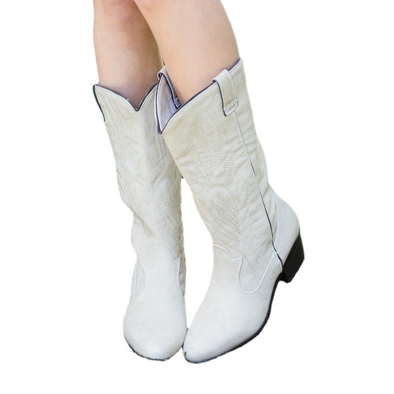 Western Cowboy Mid Heel Ethnic Square Toe Faux Leather Boots