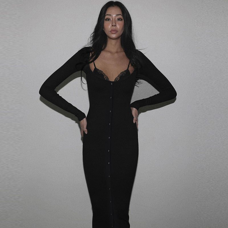 Sexy U Neck Strap Faux Two Piece Long Sleeve Slim Fit Dress