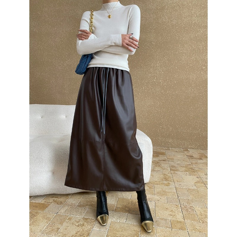 Split Drawstring Elastic Waist Slimming Patchwork Leather Skirt