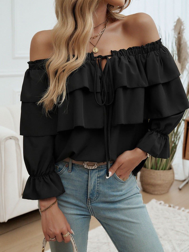 Losse plooien off shoulder bisschopsmouwen top