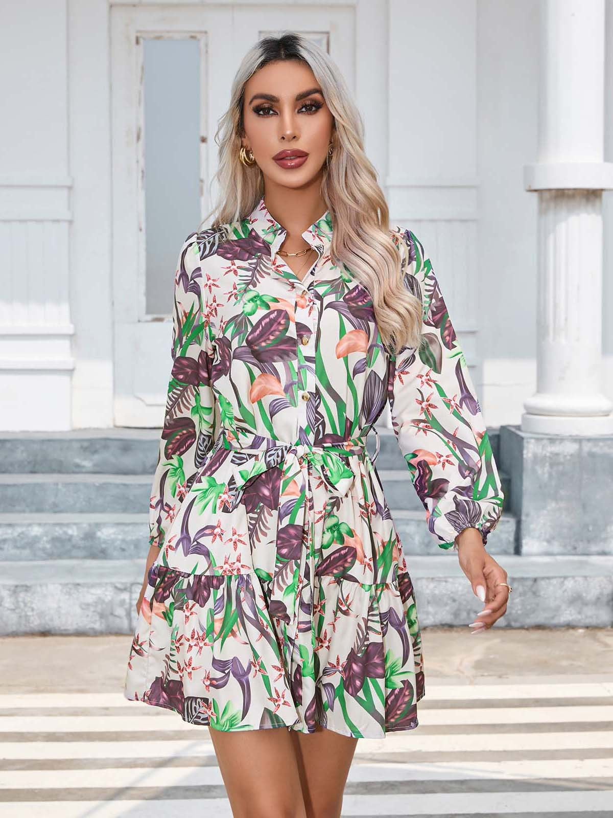 Printing Button Long Sleeve Dress