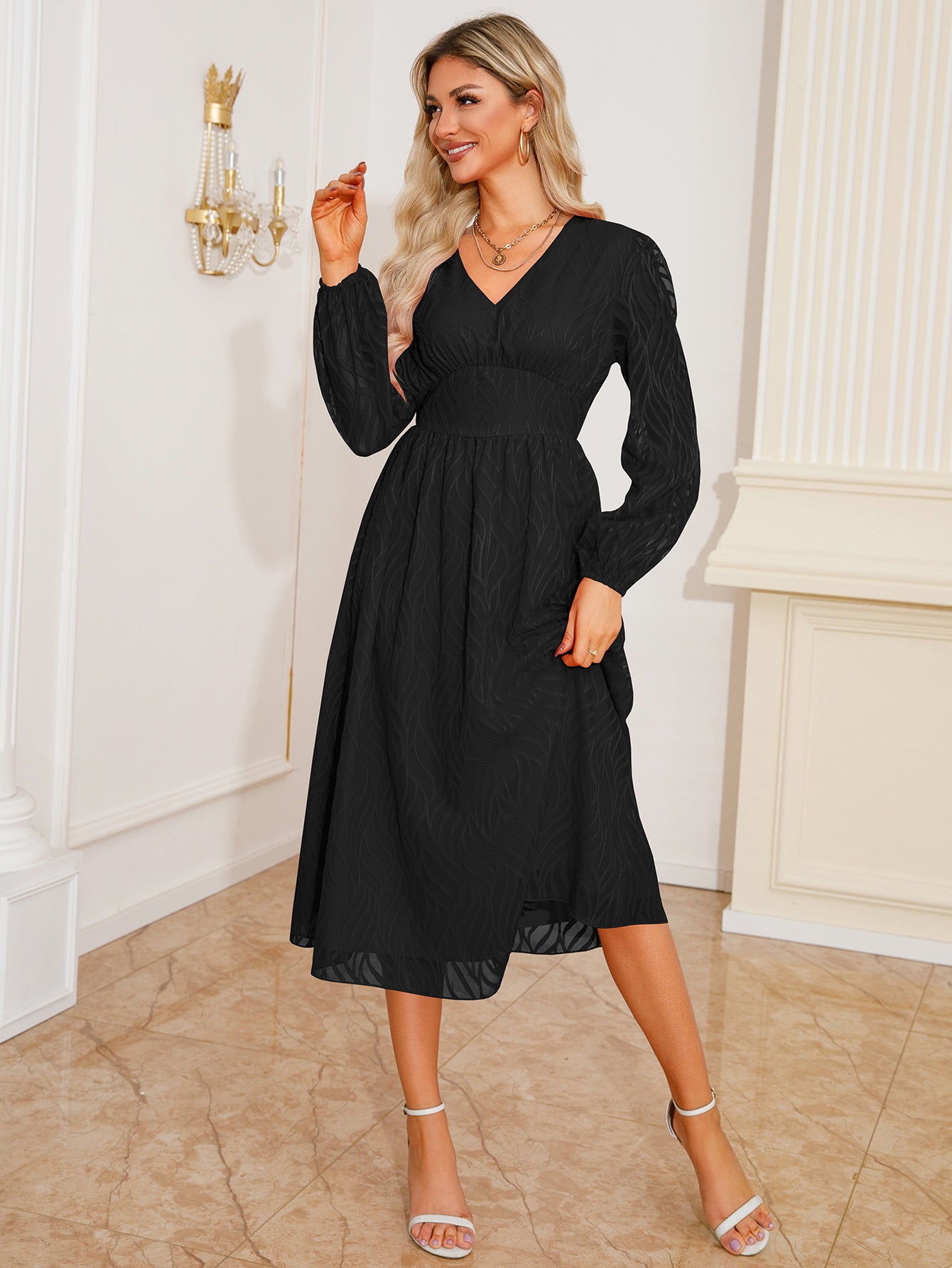 Retro V Neck Long Sleeve Big Hem A Line Jacquard Dress