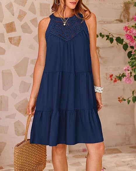 Hollow Out Cutout Lace Stitching Halter A Line Dress