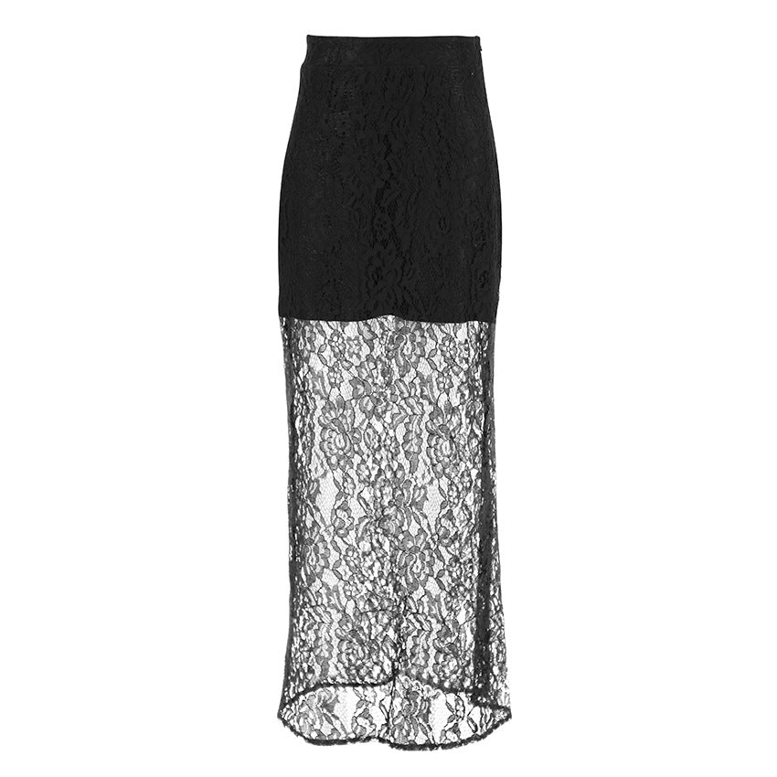 Retro Easy Matching Black Polyester Lace See through Sexy Ankle High Skirt