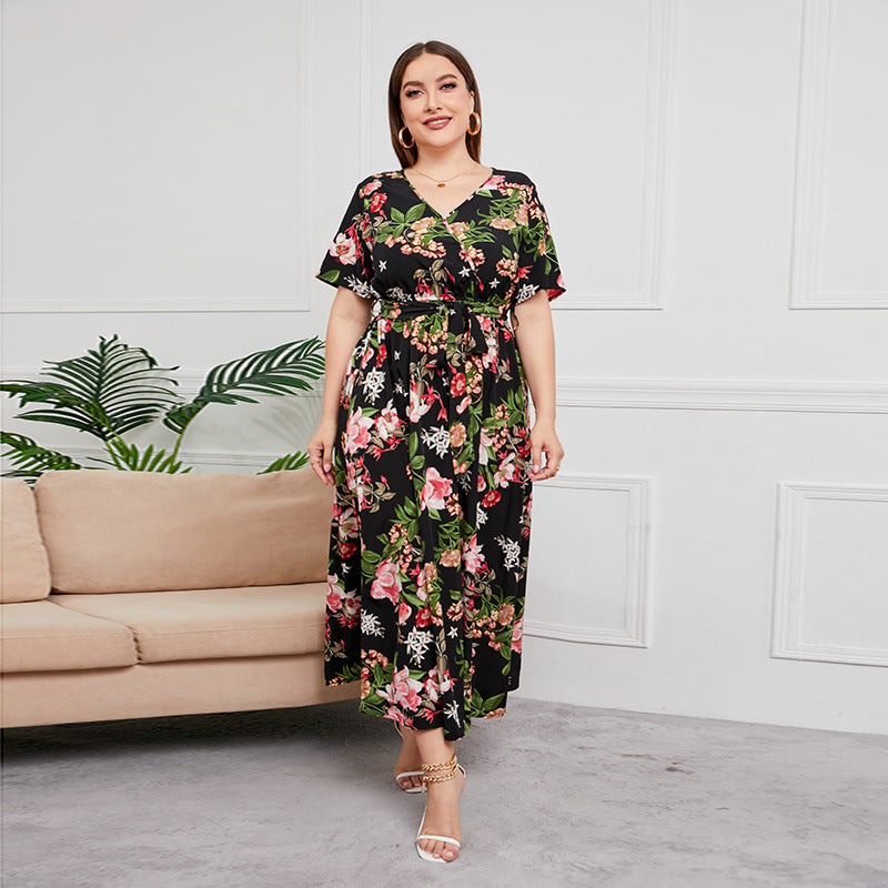 Plus Size High Waist Western V-neck Midi Dress