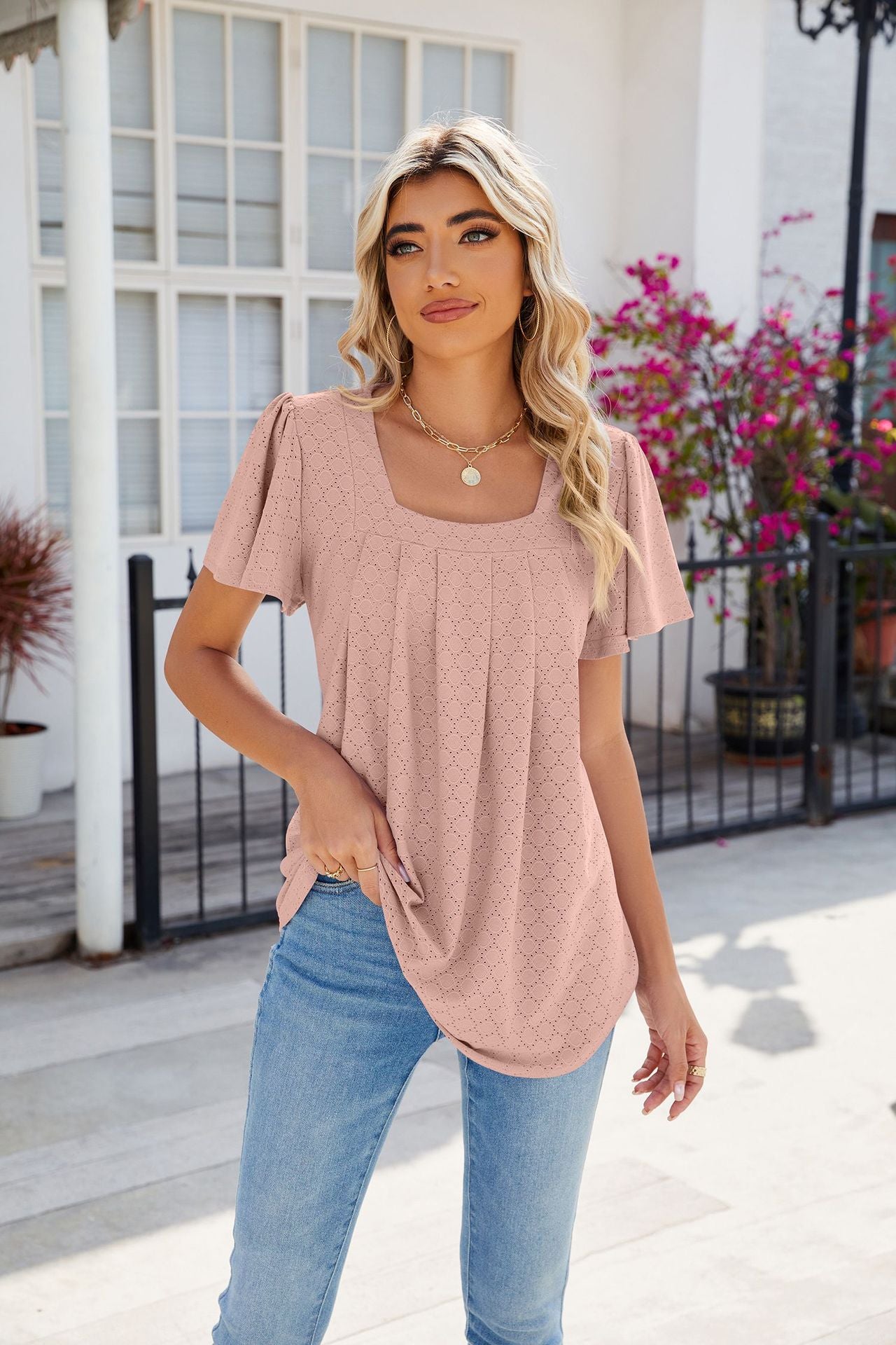 Square Collar Pleated Short Sleeves Loose Fitting T Shirt Top