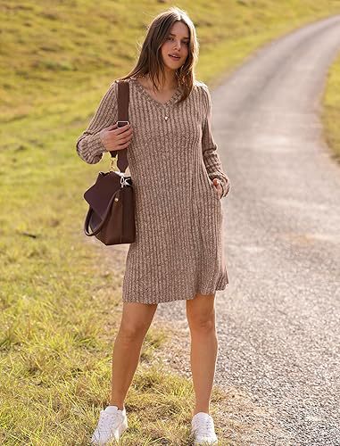 V Neck Pocket Sunken Stripe Brushed Long Sleeve Casual Dress