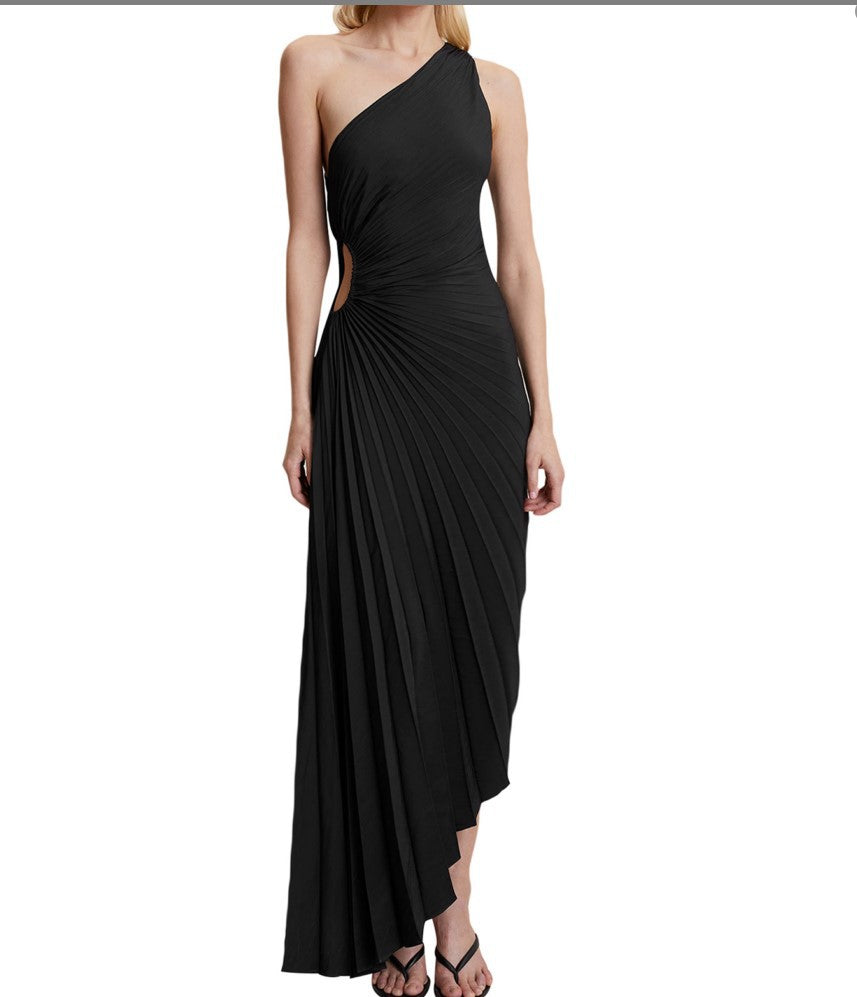 One-Shoulder-Kleid mit diagonalem Kragen und plissierten, ausgehöhlten Ausschnitten