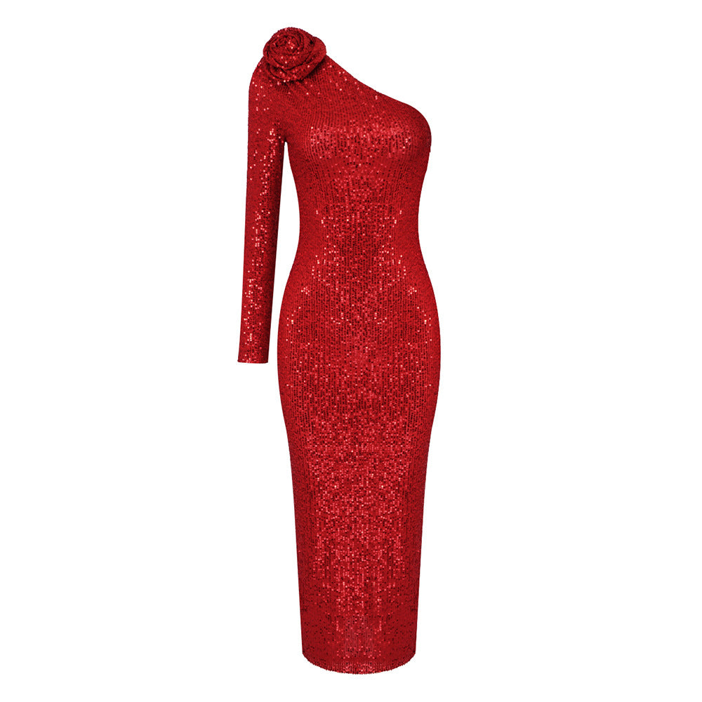 فستان عيد الميلاد الأحمر ثلاثي الأبعاد بكتف واحد مزين بالترتر الزهري