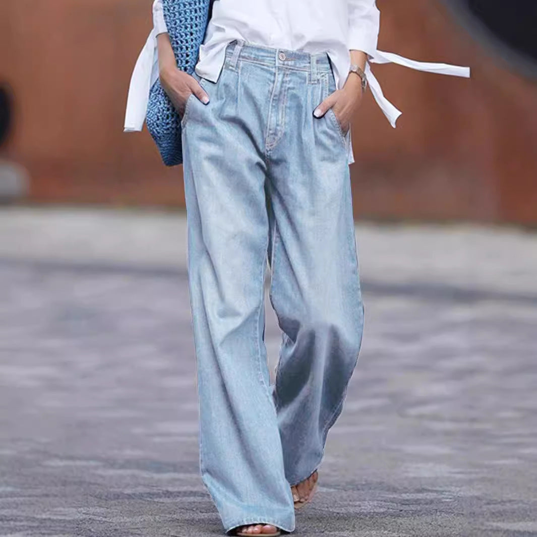 Pantaloni a gamba larga dimagranti a vita alta Pantaloni larghi in denim con lavaggio