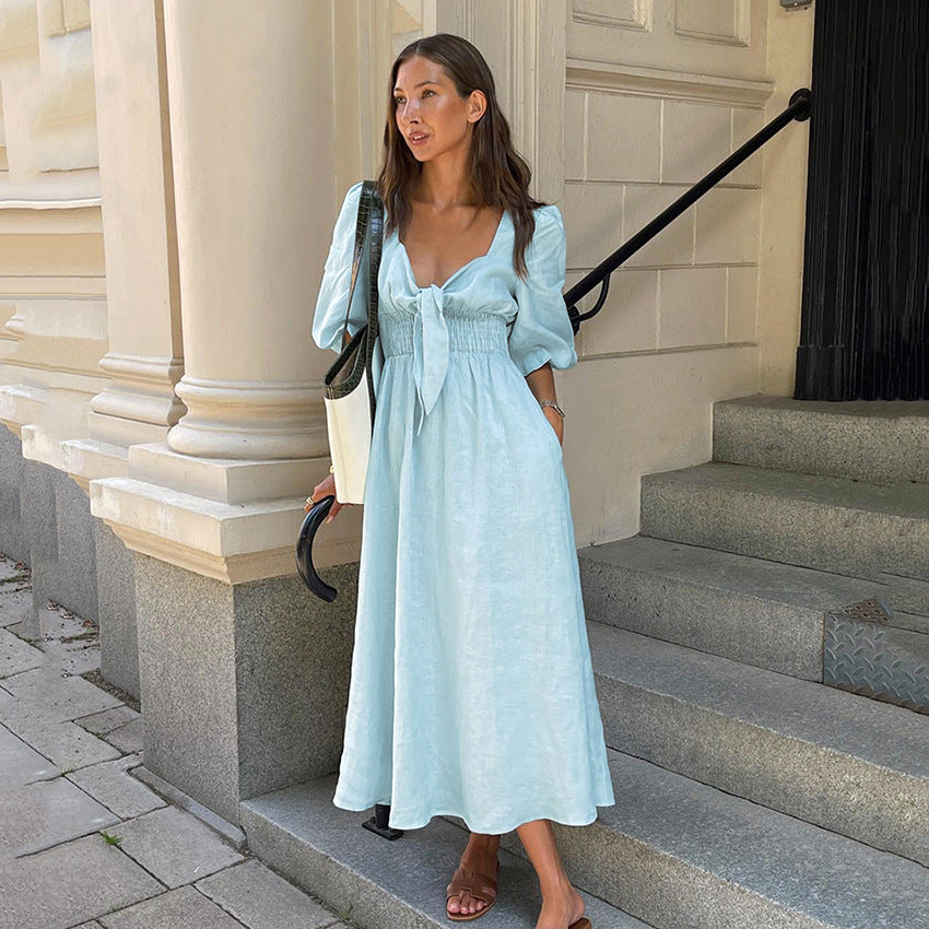 Vestido de lino de algodón, cintura alta, manga abombada, escote en V, escote en V, elegante, francés, de verano