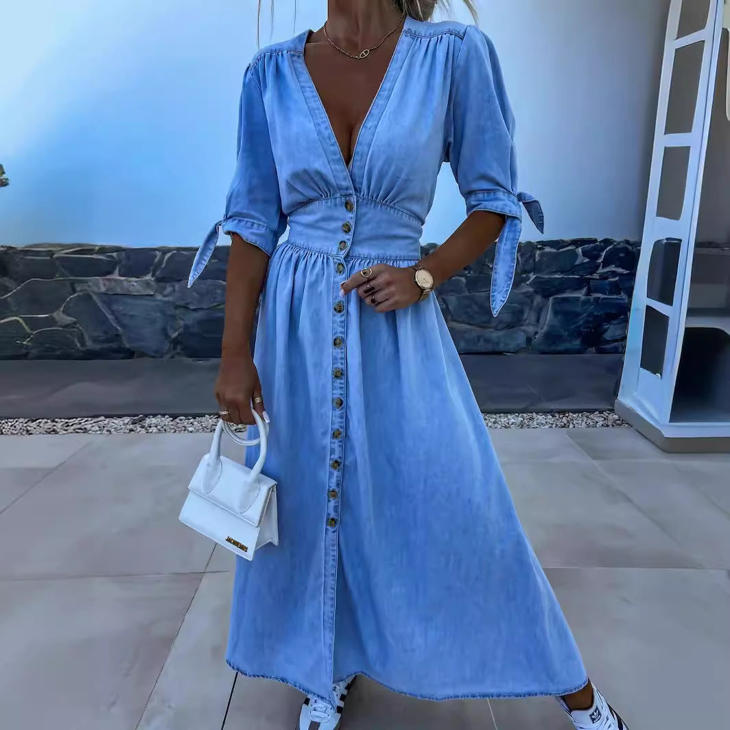 Vestido jeans longo com decote em V sexy e botões