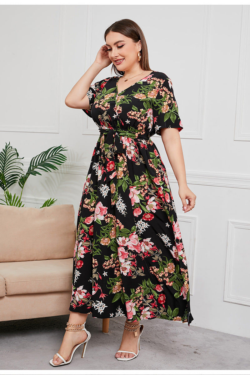 Plus Size High Waist Western V-neck Midi Dress