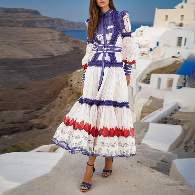 Vestido largo estampado con manga farol y manga larga con un solo pecho