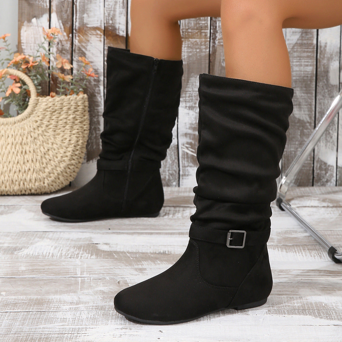 Pleated Side Zipper High Flat Boots