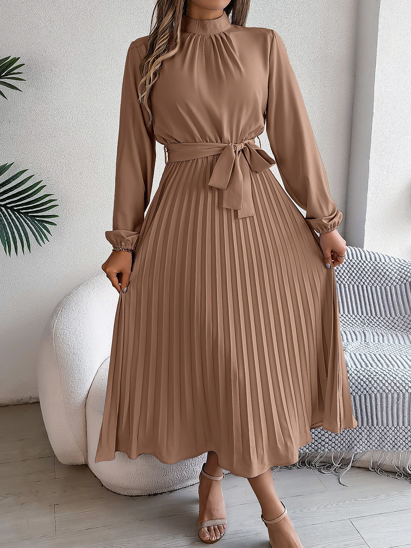 Elegant Stand Collar Long Sleeve Cinched Pleated Dress