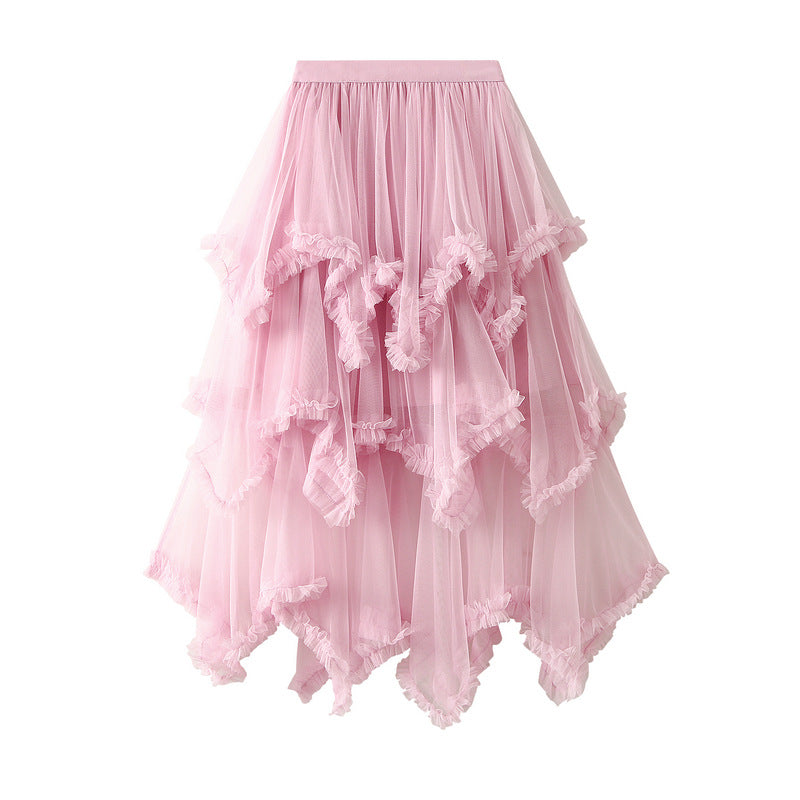 Wooden Ear Irregular Asymmetric Mesh Tiered Skirt