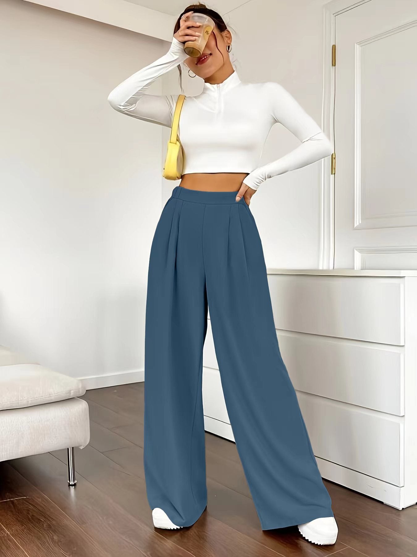 Elegant High Waist Wide Leg Straight Office Pants