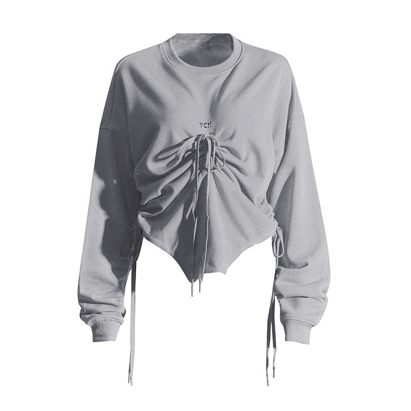 Autumn Trendy Pleating Lace up Long Sleeve Solid Color Sweatshirt
