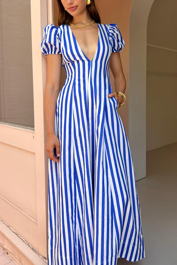 Low Cut V Neck Striped Puff Sleeve Large Swing Dress