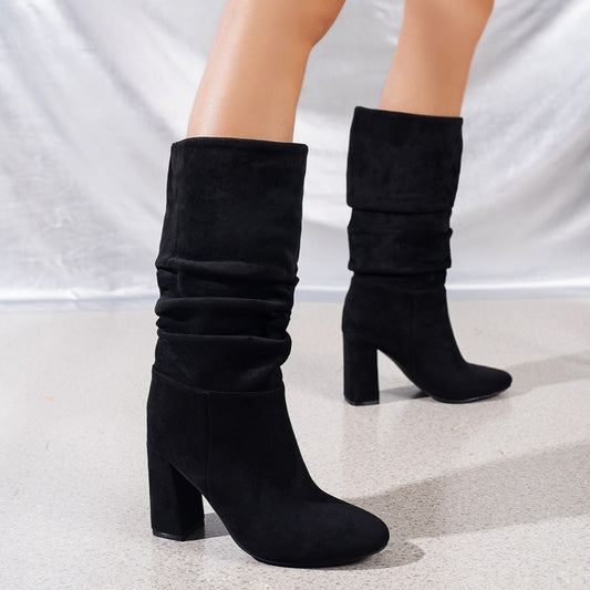 Pleated High Heel Chunky Heel Suede Boots