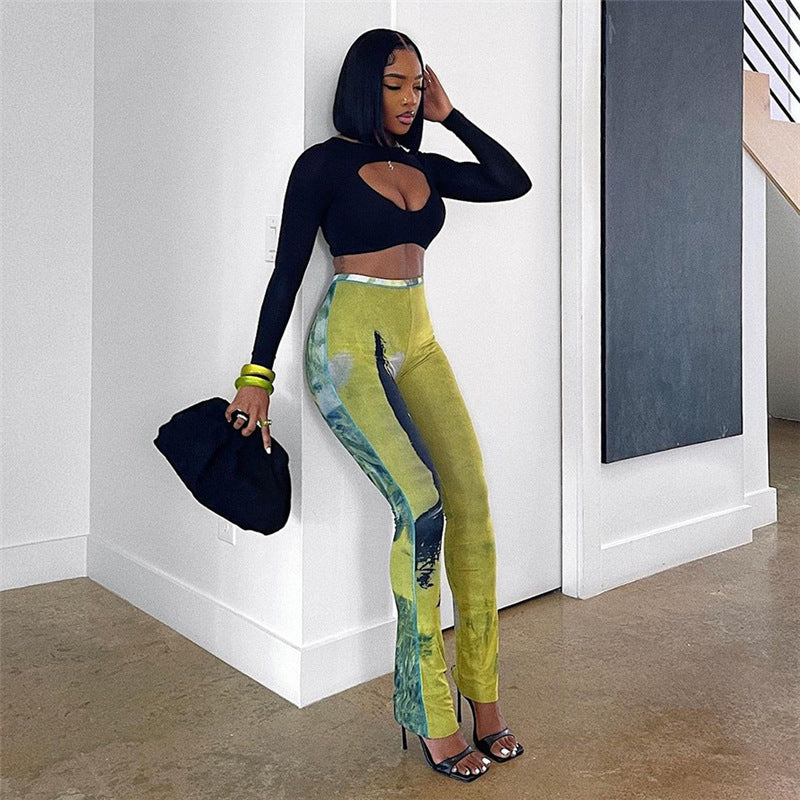 Sexy Sheer Mesh Printed Breathable High Waist Figure Flattering Hip Pants