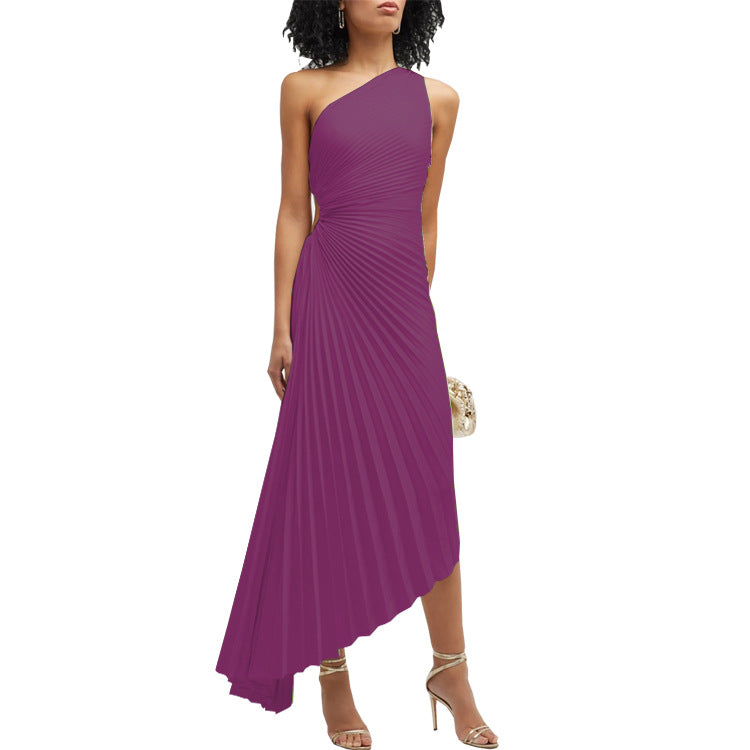 One Shoulder Pleated Color Light Irregular Asymmetric Dress