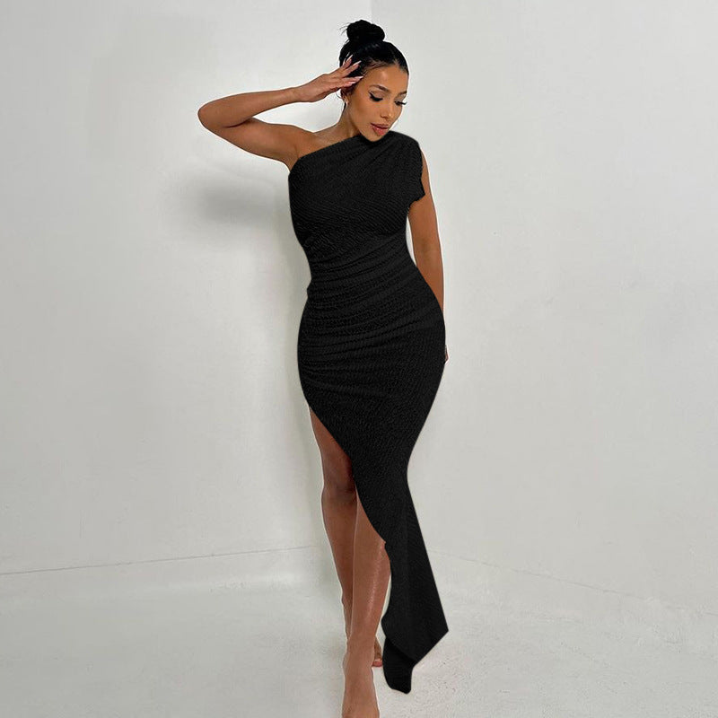 Sexy Slim Fit Oblique Shoulder Slimming Pleated Party Sexy Dress
