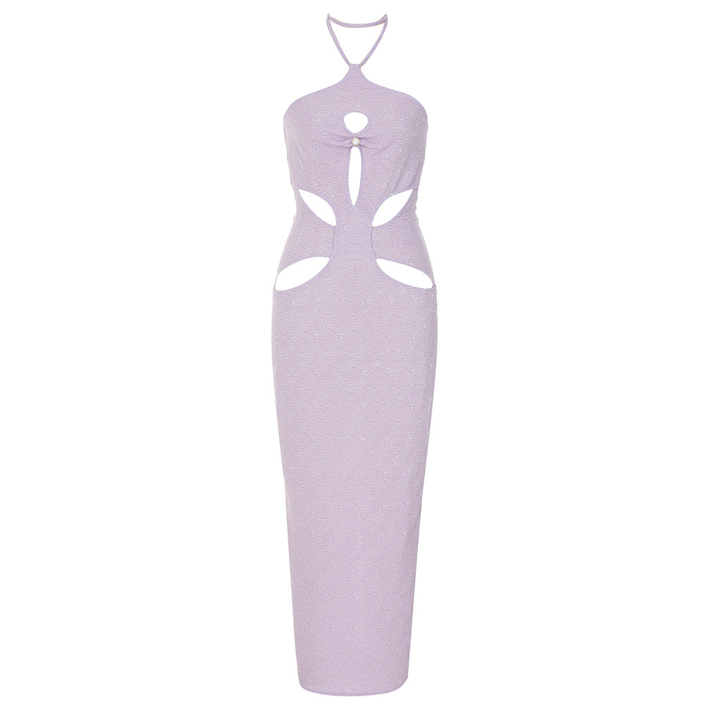 Sexy Retro Hollow Out Cutout Halter Pearl Slim Slit Dinner Dress