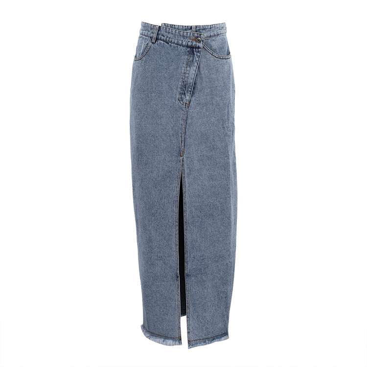 Długa jeansowa spódnica vintage z rozcięciem w talii