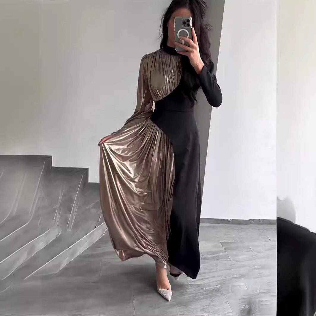 Long Sleeve Slim Fit Belt Irregular Asymmetric Maxi Dress