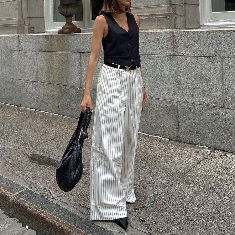 Retro Simple Black White Striped Wide Leg Pants