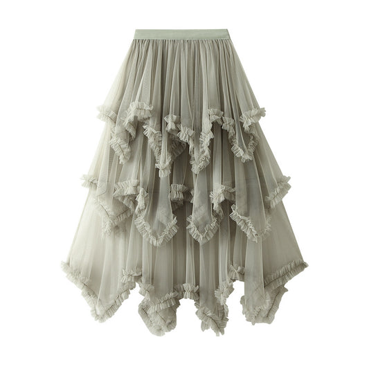 Wooden Ear Irregular Asymmetric Mesh Tiered Skirt