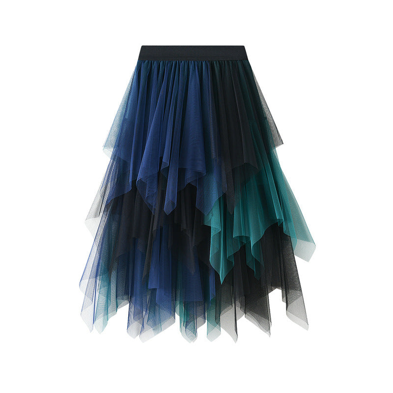 Color Matching Mesh Multi Layer Irregular Asymmetric All Matching Elastic Waistband Midi Skirt